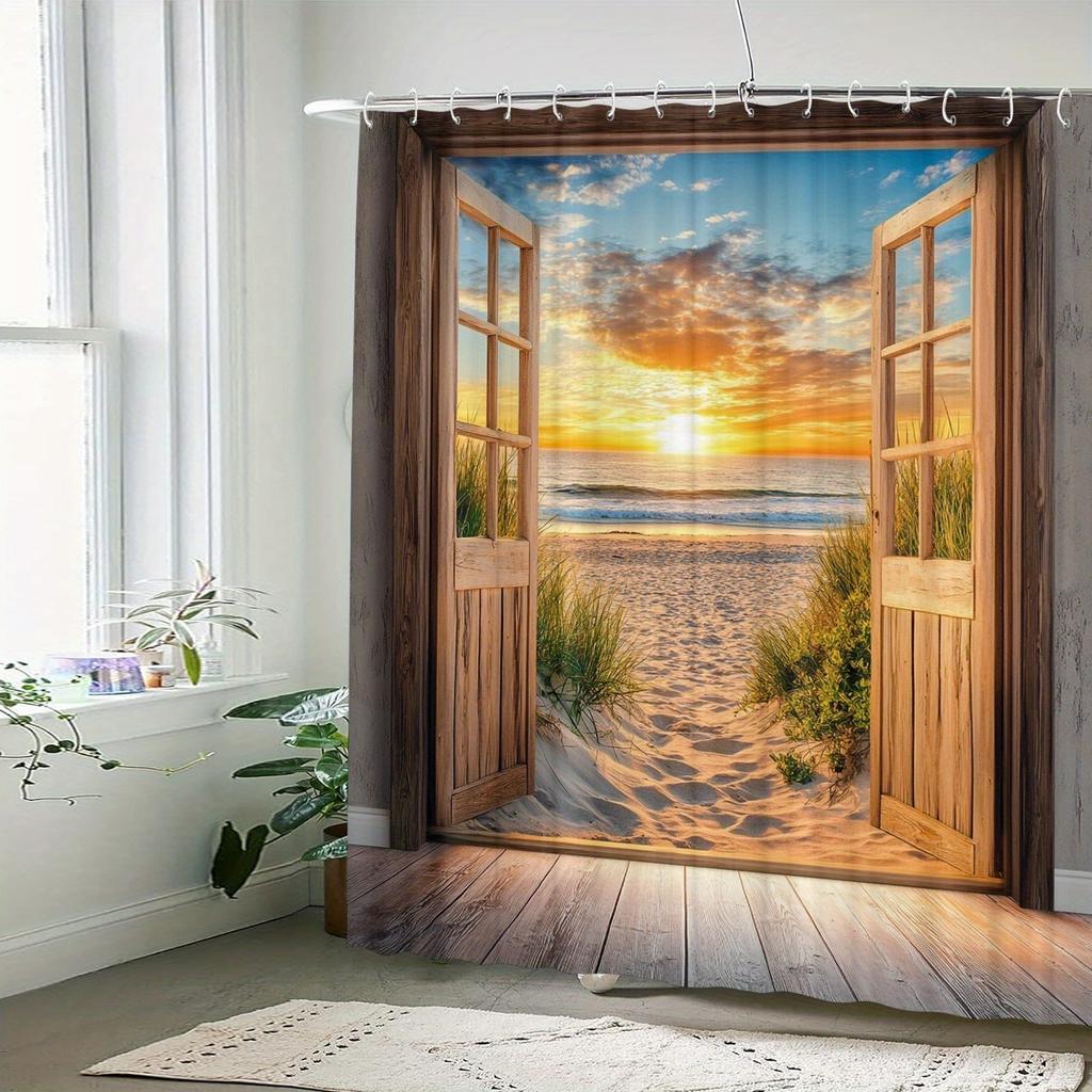 Attractive Beach Pattern Washable Dirt-Resistant Shower Curtain Shower Head Waterproof Polyester Bath Curtain For Home Decor