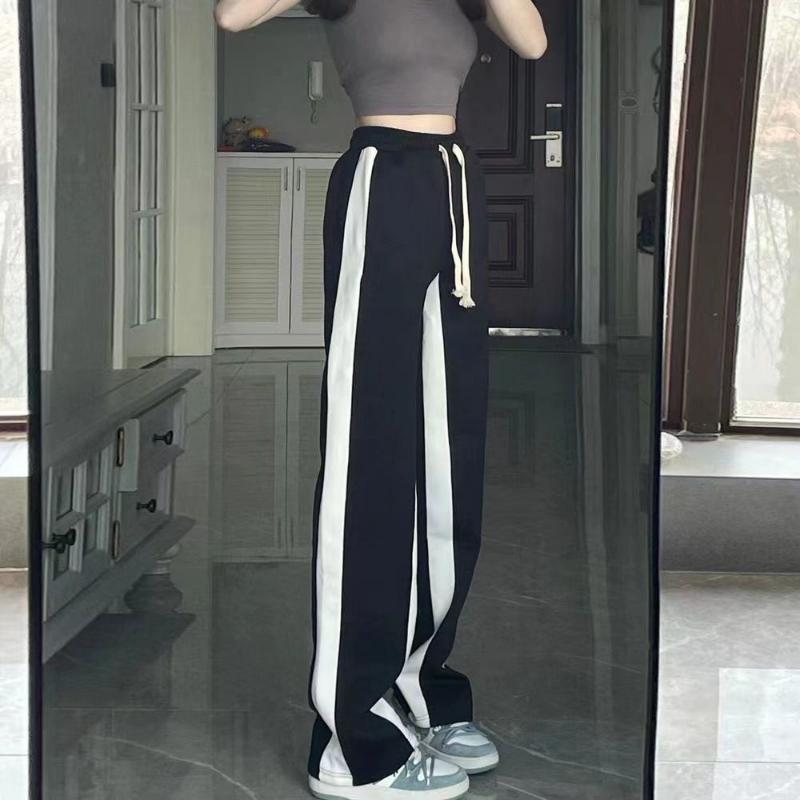 Women's Pants Black and White Stitching Casual Pants Sports Hundred Loose Straight Drape Dragging Wide Leg Pants