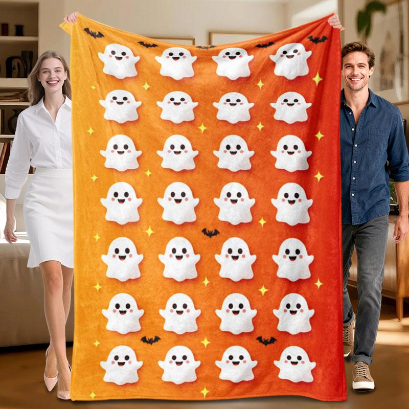 

1 piece orange ghost-themed flannel blanket, soft, suitable for sofa, bed, office, all-season use. 70x100cm