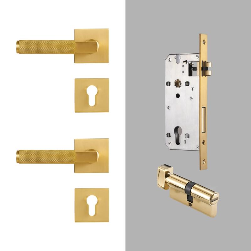 Dooroom Knurled Brass Door Lock Set Modern Interior Bedroom Bathroom Double Wood Door Lever Set Dummy Privacy Passage Lock