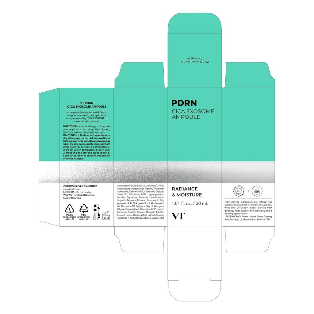 VT COSMÉTIQUES PDRN Cica Exosome Ampoule 30ml, Sérum Fermeté avec Peptide & Céramide pour Anti-Âge
