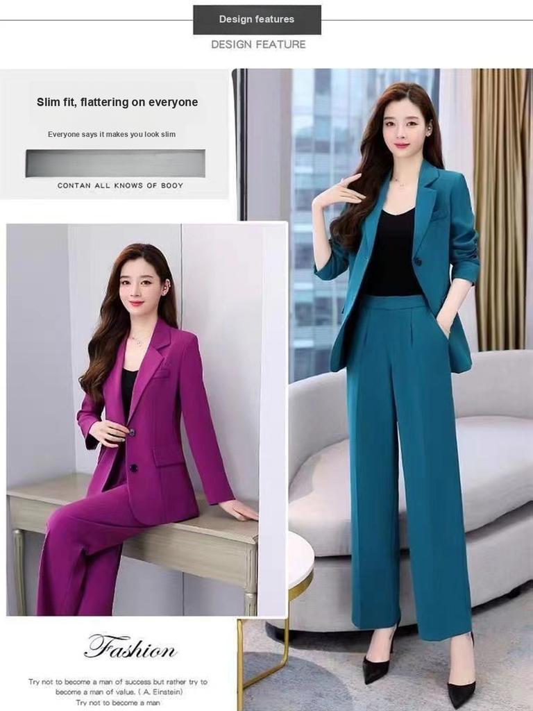 Frühling/Herbst Neuer Stil Set Business-Lady-Stil Schlank geschnitten Langarm-Blazer Weitbeinige Hose Damen Zweiteiliger Anzug