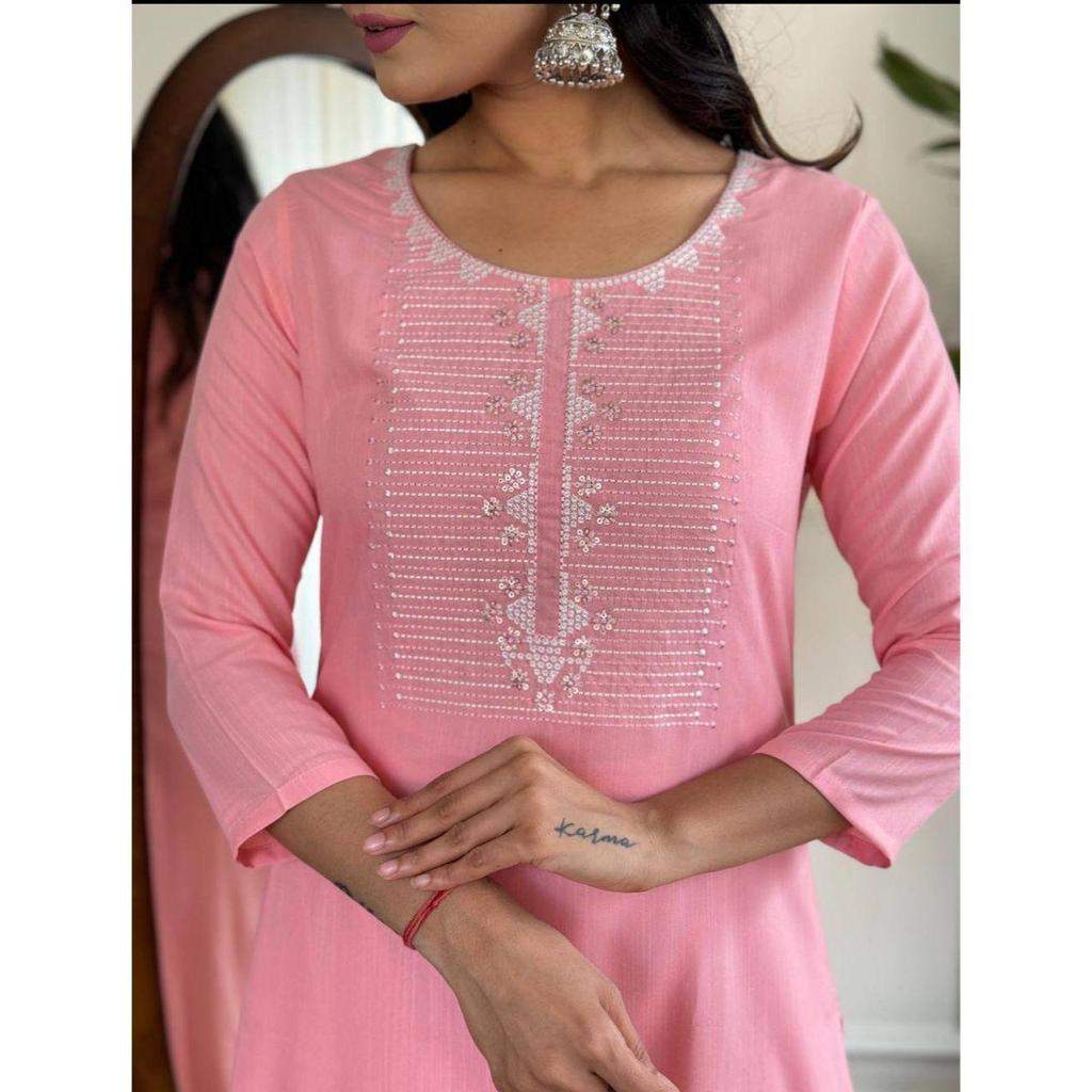 Women's Pink Rayon Slub Embroidered Straight Kurta with Rayon Slub Pant And Silk Printed Dupatta Sets