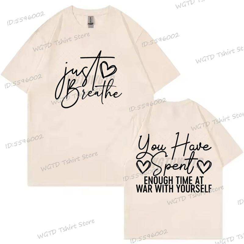 Just Breathe Heart Design T-shirt Inspirational Quotes Graphic Tee Trendy Mothers Day Gifts Positive Crewneck Short Sleeve Shirt