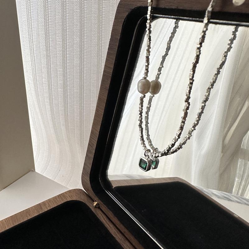 S925 Sterling Silver Korean Fashion Green Zircon Necklace & Handmade Bracelet Set - Trendy Clavicle Chain.