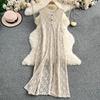 French Style Hollow-out Crochet Knit Vest Dress Women Seaside Holiday Style Cover Up Stacked Sleeveless Split Long Skirt