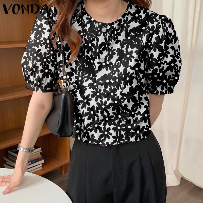 

VONDA женская летняя рубашка с круглым вырезом и короткими рукавами из цветочного материала, прямая рубашка с планкой на пуговицах