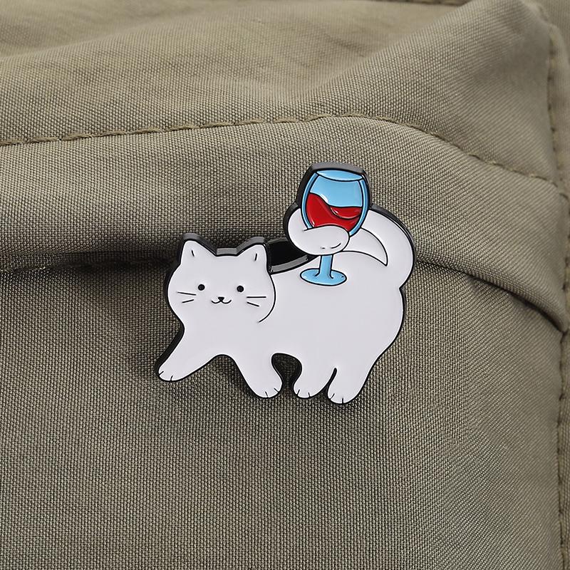 Wine Glass Cat Enamel Pins Custom Cat Drinking Brooches Lapel Badges Clothes Animal Jewelry Gift for Kids Friends