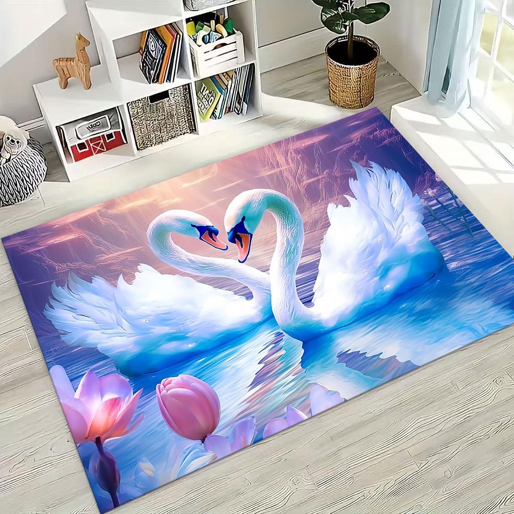 Traum Liebe Schwan Kunst Cartoon Teppich für Schlafzimmer Wohnzimmer Sofa Zuhause Fußmatte Dekor, Große Kinder Spiel Rutschfeste Bodenmatte Geschenk