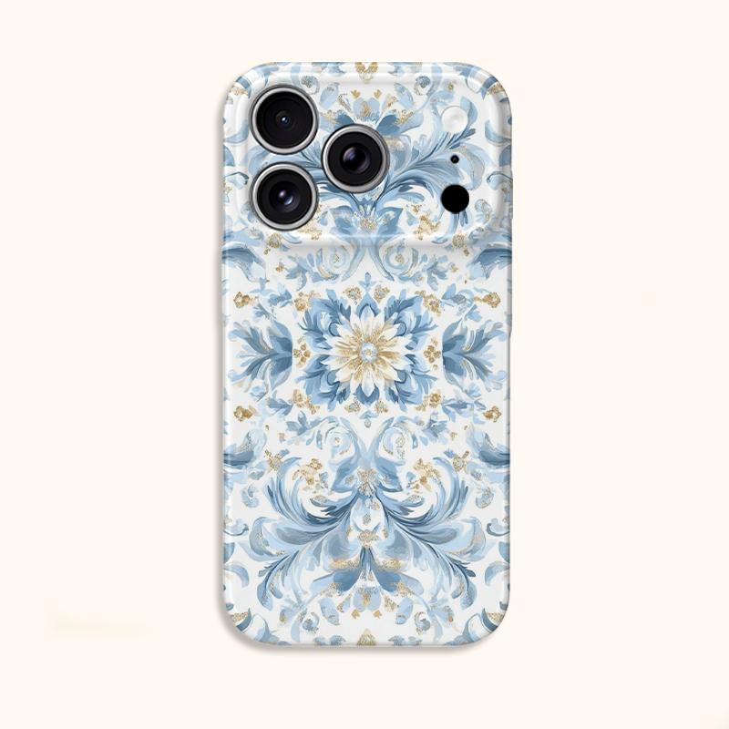 Refined Blue Gold Ornate Baroque Floral Pattern Graphic Art Film Aesthetic Protective Shockproof Bumper Case Cover For iPhone 13 14 15 16 Pro Max Plus