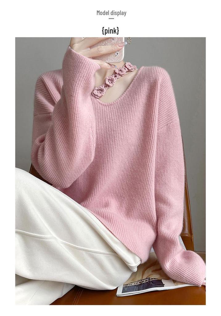 2025 Autumn/Winter Women's V-Neck 100% Wool Sweater: Loose, Stylish Lace Knitwear Base Layer