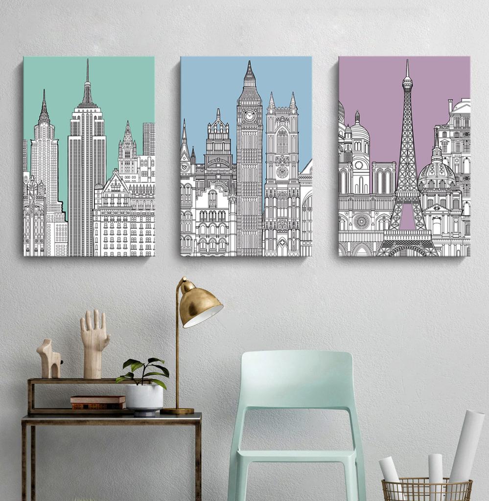 European Style Simple Decorative Canvas Painting Lines Cartoon Building Hotel Apartment Living Room Hanging Painting Wall Art