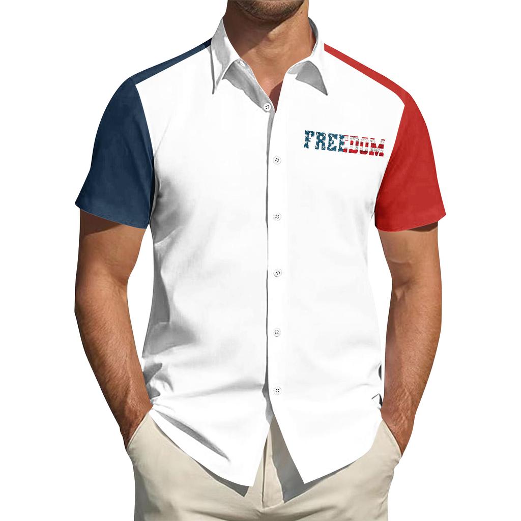 Top da Uomo Stampato per il Giorno dell'Indipendenza con Colletto Camicia Casual Sportiva a Maniche Corte da Uomo