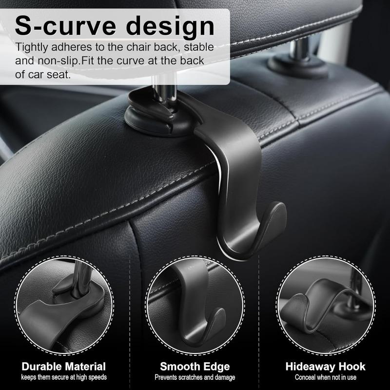 4pcs Black Car Back Seat Headrest Hooks Car Seat Organizer Accessory for Coats Umbrellas Grocery Bags