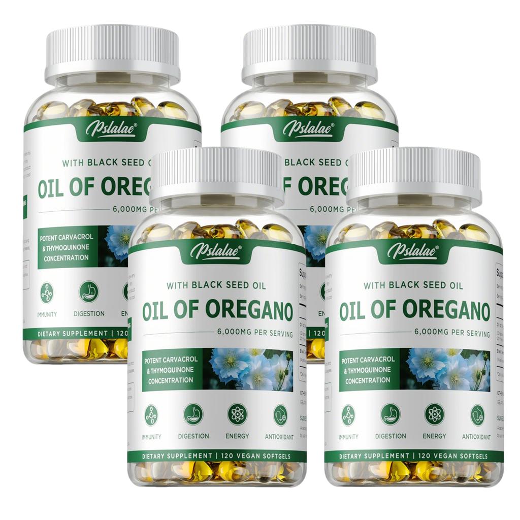 Capsule molli complesse di olio di origano, combinate con olio di semi neri, per la salute immunitaria, antiossidante e adatte agli adulti.