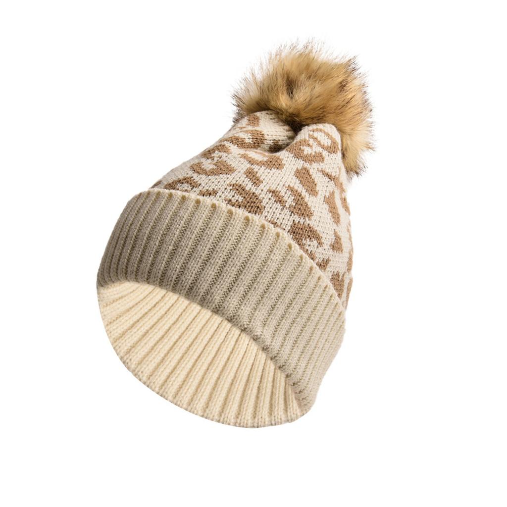 Fashionable leopard print curled fur ball knitted hat for women outdoor warm thickened autumn and winter ladies wool hat