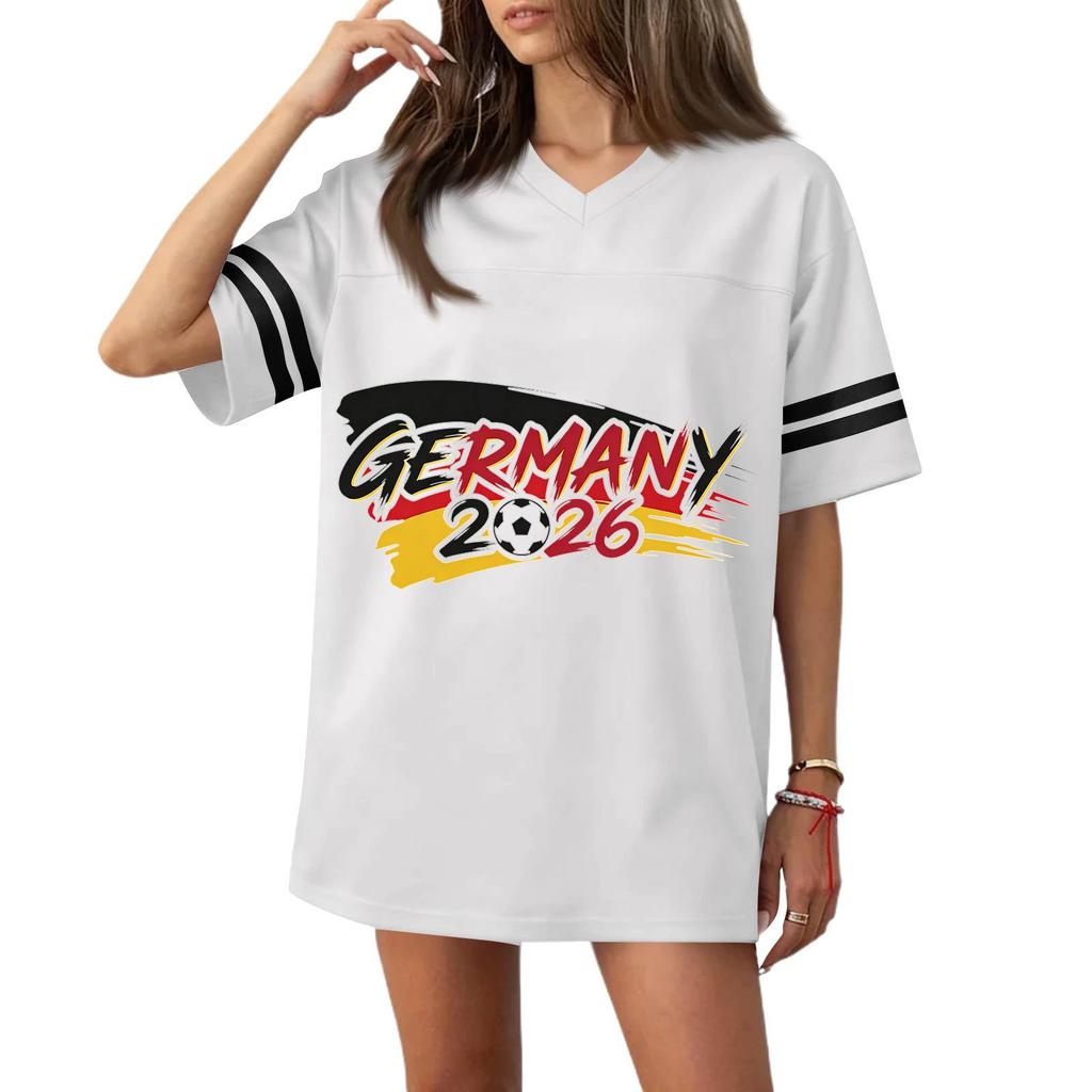 Women’s Casual V Neck Soccer Jersey Style Short Sleeve T Shirt with Germany Flag Print and 2026 Football Graphic Top