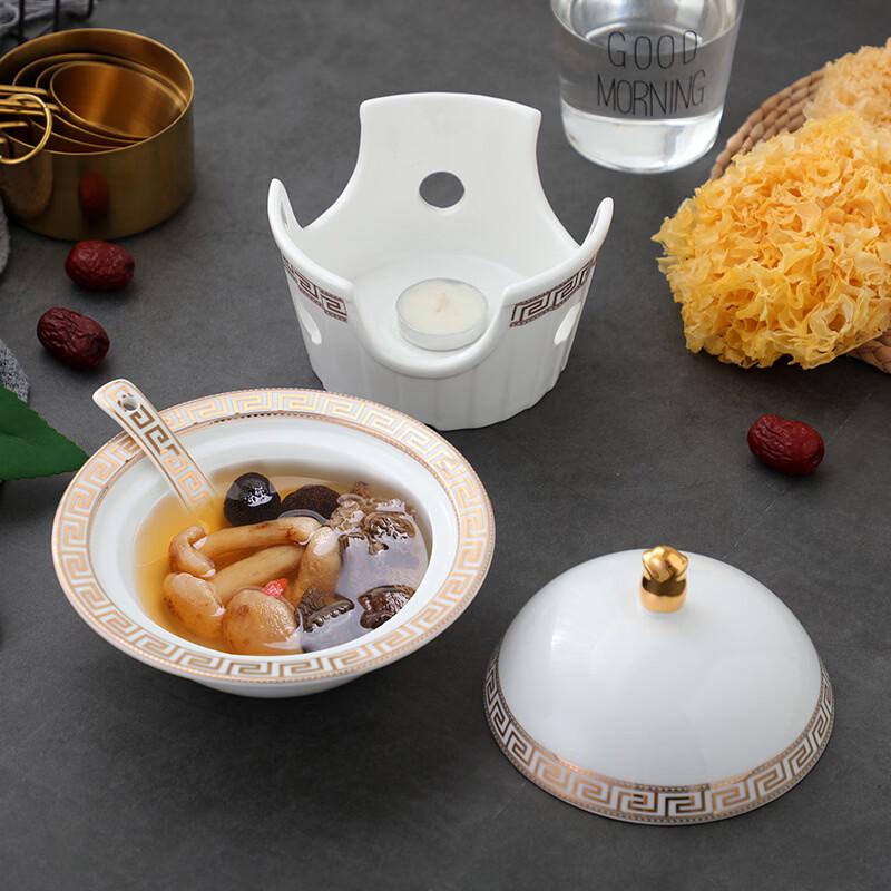 ZISIZ Chinese Style White Enamel Lidded Soup Bowl & Warmer Set