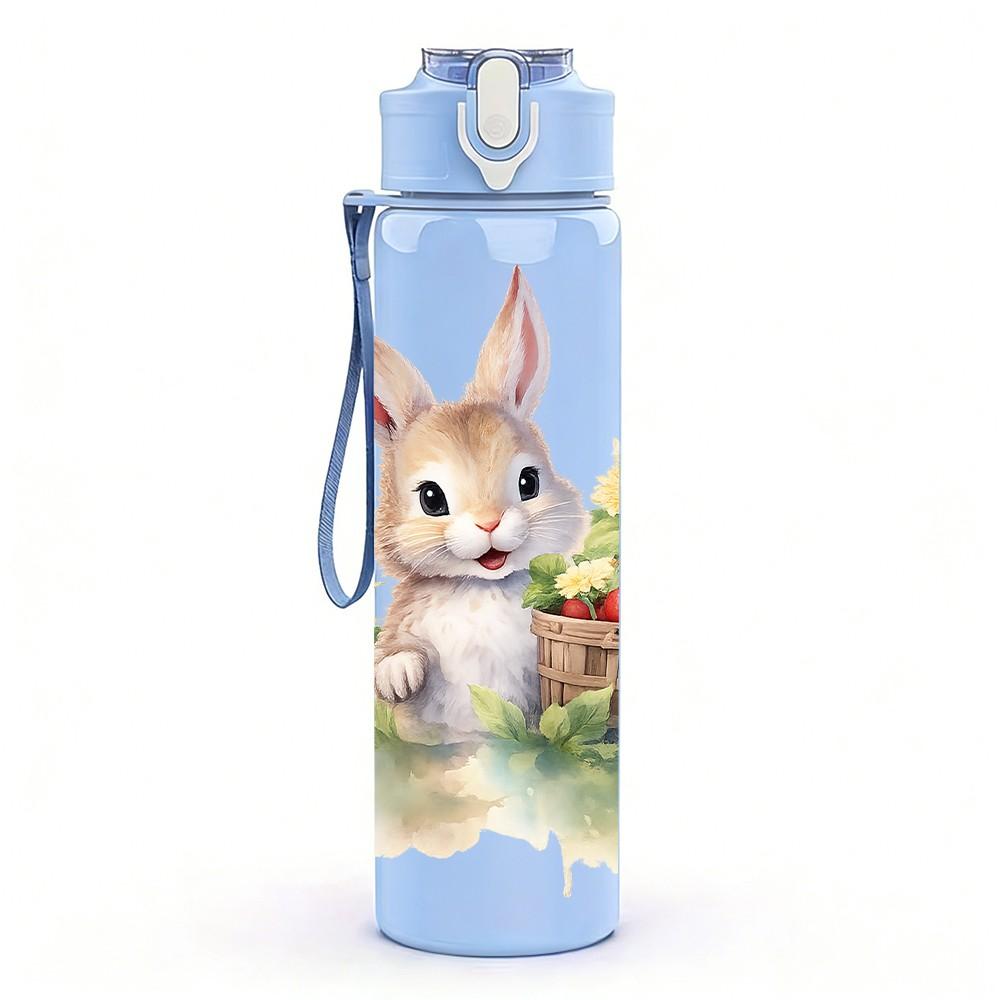 1PC Floral Wreath Bunny Rabbit Print 750ml Color Plastic Sports Water Bottle Leakproof Flip Straw Lid Suitable for Sports Office Home Use