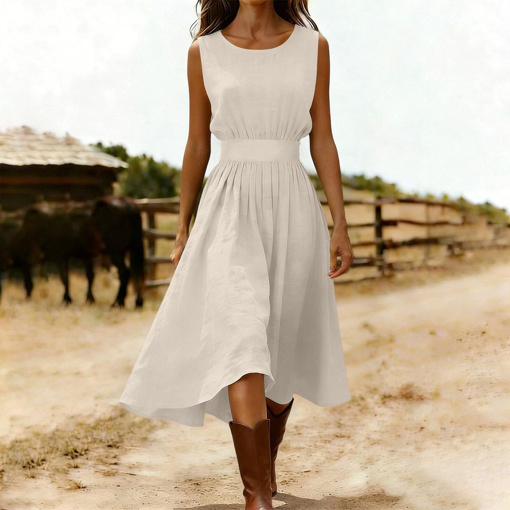 Sleeveless Midi Dress for Women Crew Neck Casual Fit and Flare Solid A Line Dress with Elastic Waist for Daily Wear
