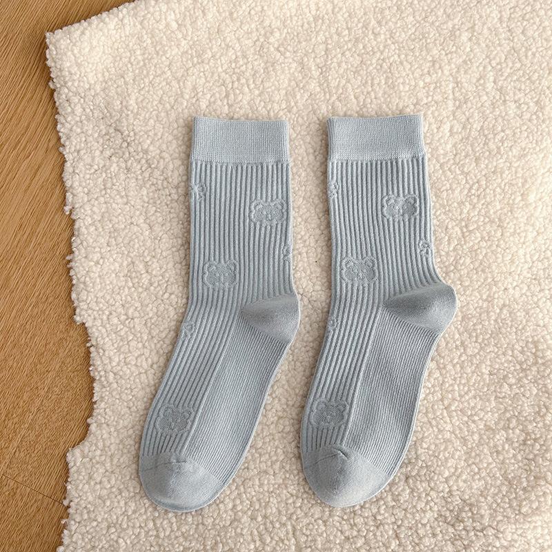 Katon Bear Mid-calf Socks, Autumn Combed Cotton, Cute Mid-calf Socks, Solid Color, Versatile, Pile Pile Socks, Boneless
