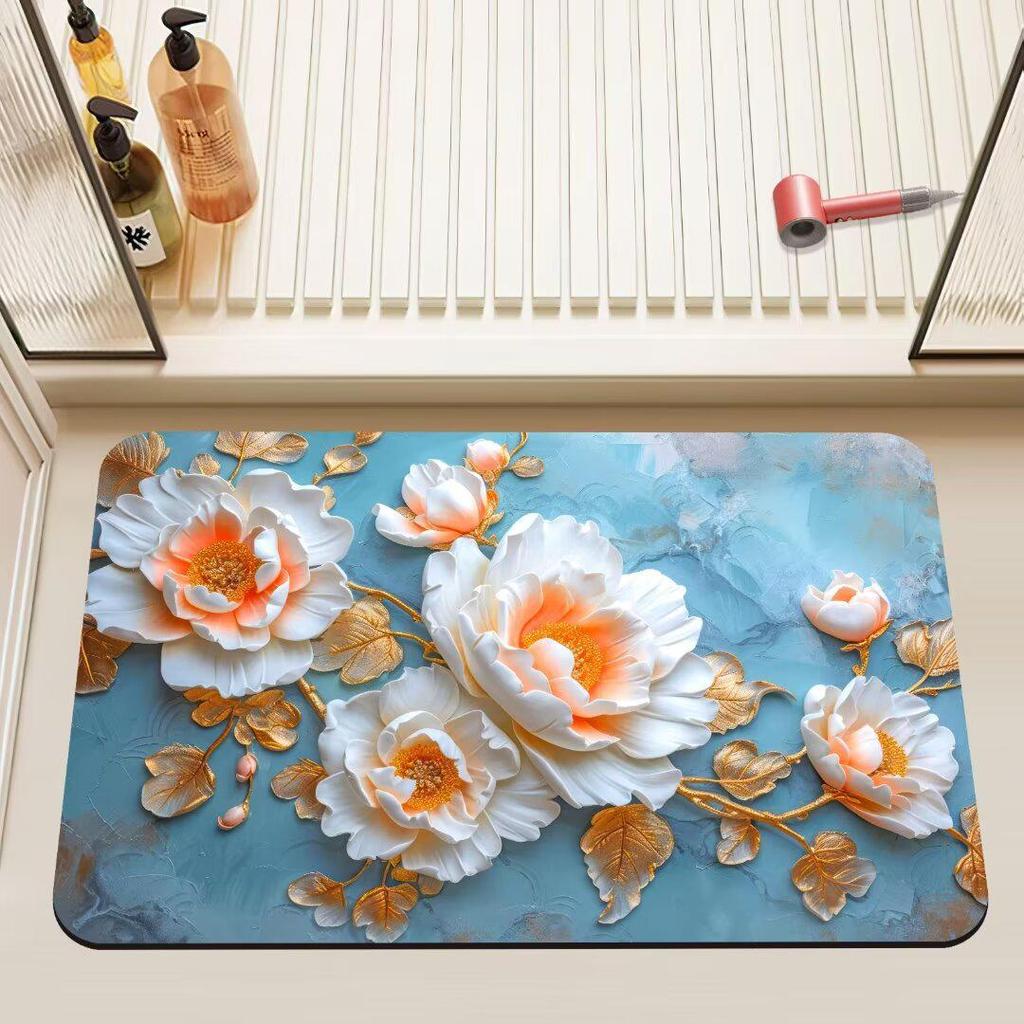 3D Floral Diatomaceous Earth Bath Mat - Absorbent, Quick-Dry, Stain & Wear Resistant Doormat