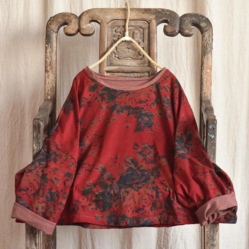 

Johnature женские хлопковые льняные винтажные футболки с цветочным принтом, весенние футболки с круглым вырезом и длинными рукавами, женские футболки в китайском стиле One Size красный