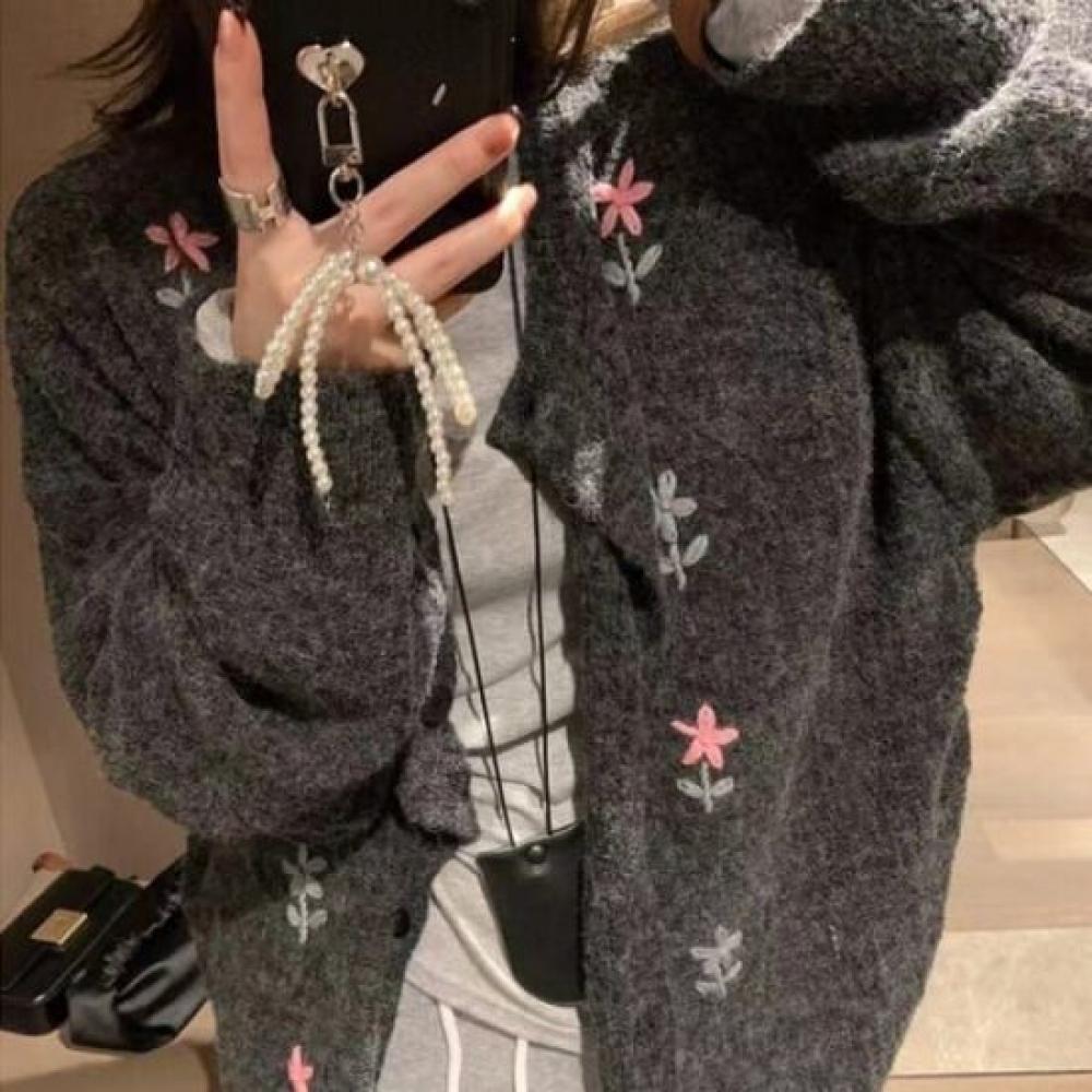 Navava Long Sleeve Knit Cardigan Flower Embroidery Nk2564