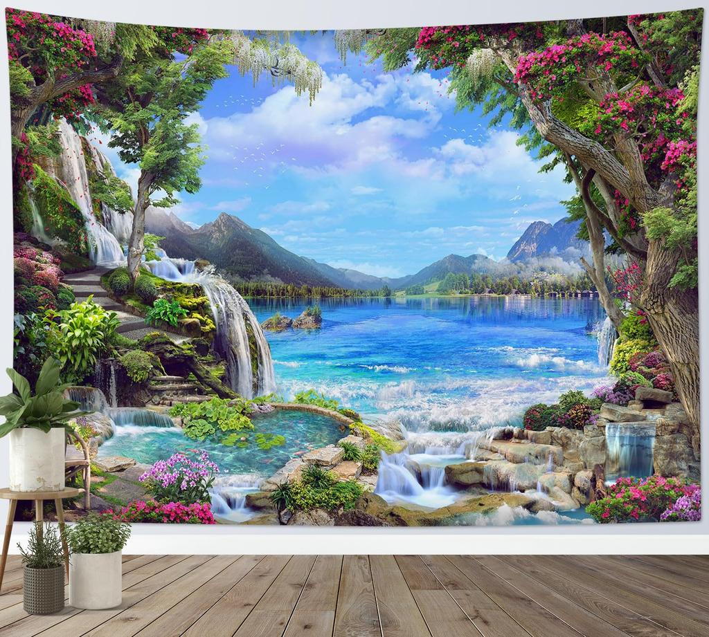 Floral Butterfly Tapestry Wall Hanging, Sage Green Leaves and Wildflower Butterfly Wall Decor Spring Plant Tapestry for Bedroom