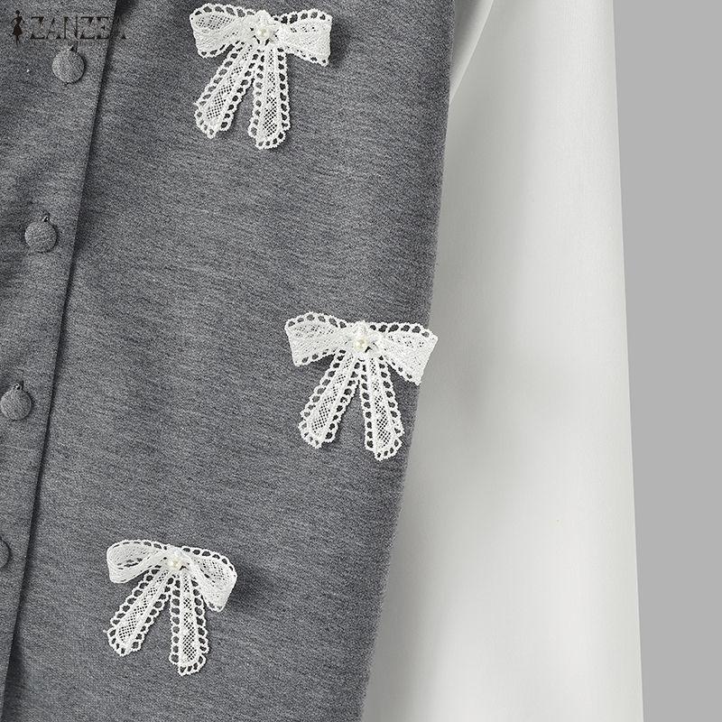 ZANZEA Women Casual Doll Collar Loose Long Sleeve Patchwork Blouse