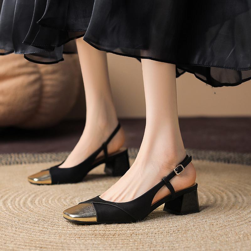 Giant Exquisite Bag Head Sandals Women's Thick Heel Square Head Sheepskin Medium Heel Color Matching Mary Jane Shoes Summer