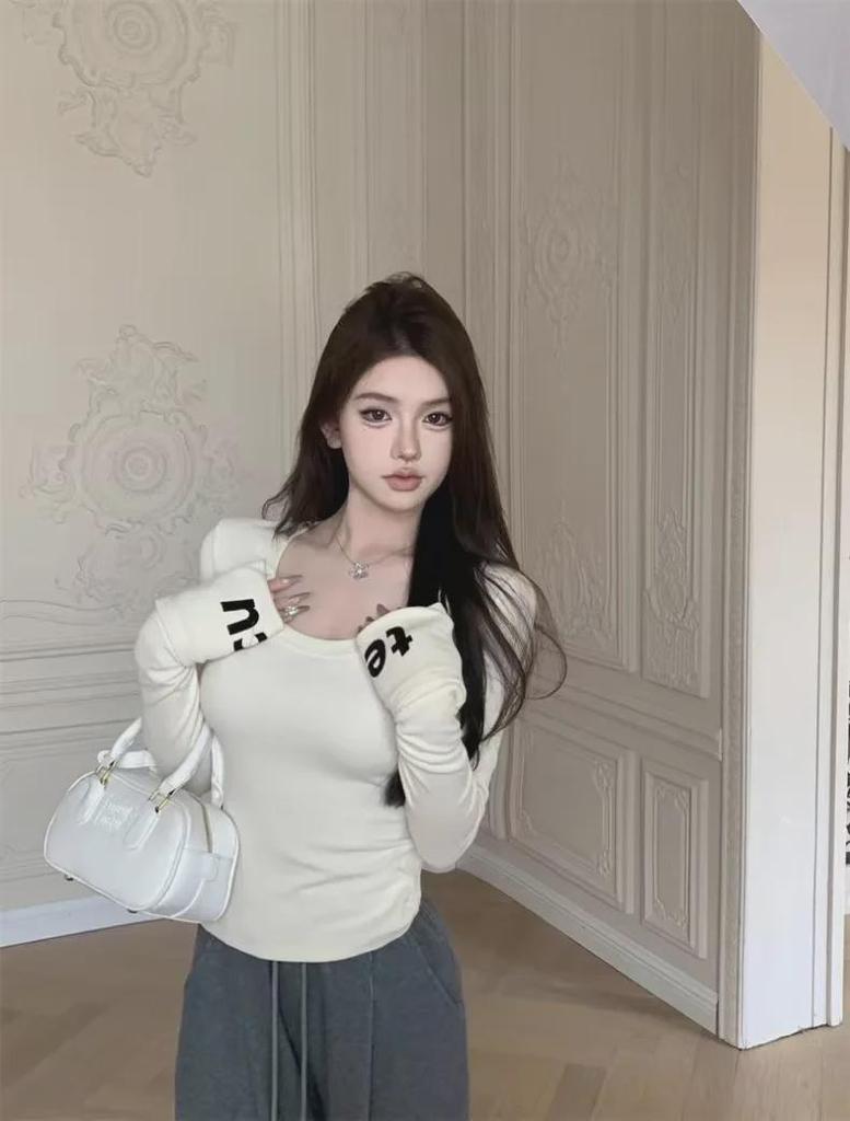 Women's Slim-Fit Velvet Shoulder T-Shirt - Autumn/Winter Long-Sleeve Chic Top