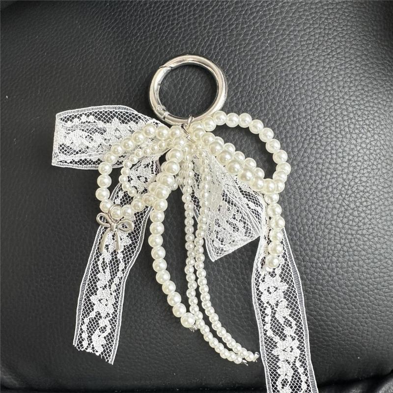 Stylish Imitation Pearls Beaded Bowknot Shaped Keychain Bag Ornament Butterfly Knot Jewelry for Purses and Accessories