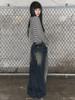 Lupeu Common Back Pocket Washed Basic Wide Long Pants Denim Dark Blue