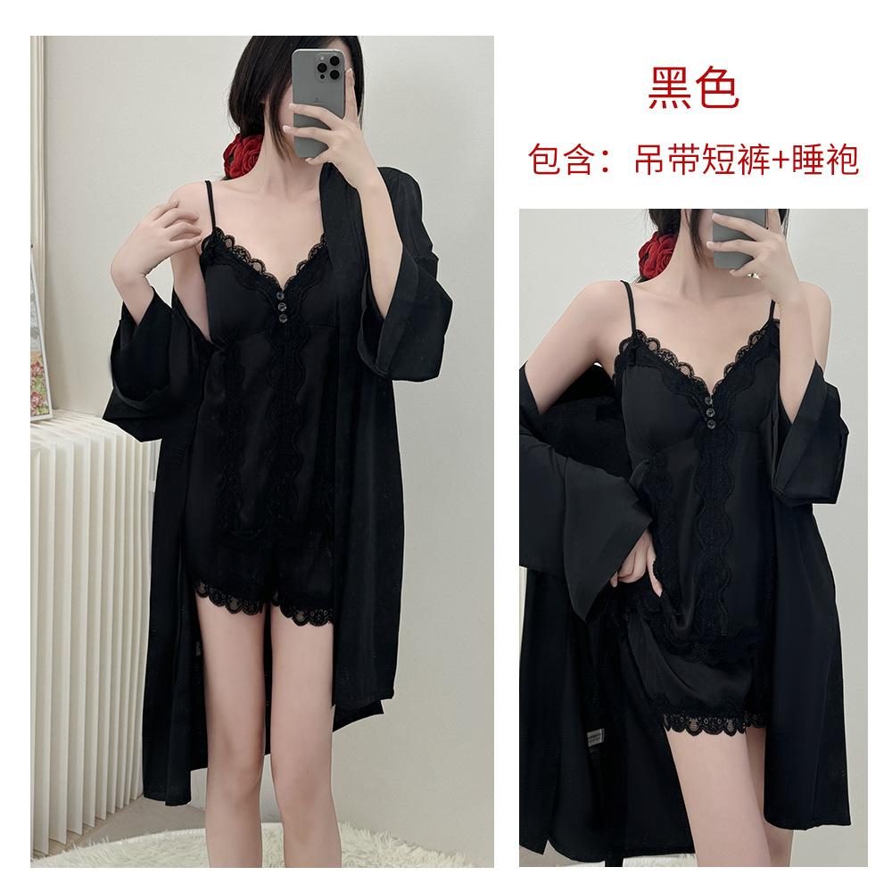 French Style Light Luxury Spaghetti Strap Shorts Set for Women, Summer with Chest Pad, Home Lace Loungewear, Thin Ice Silk Women's Pajamas
