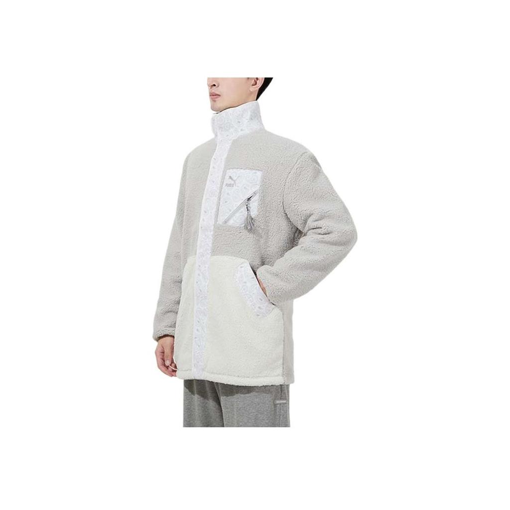 Puma Paisley Cashew Print Pocket Patch Faux Shearling Fleece-Lined Collar Logo Jacket Men Outerwear Light-Grey 534984-09
