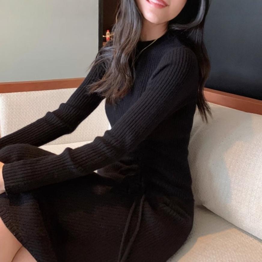 2024 Hepburn Style French Knit Dress with Drawstring Waist and Sweater Coat - Women's Autumn/Winter Fashion