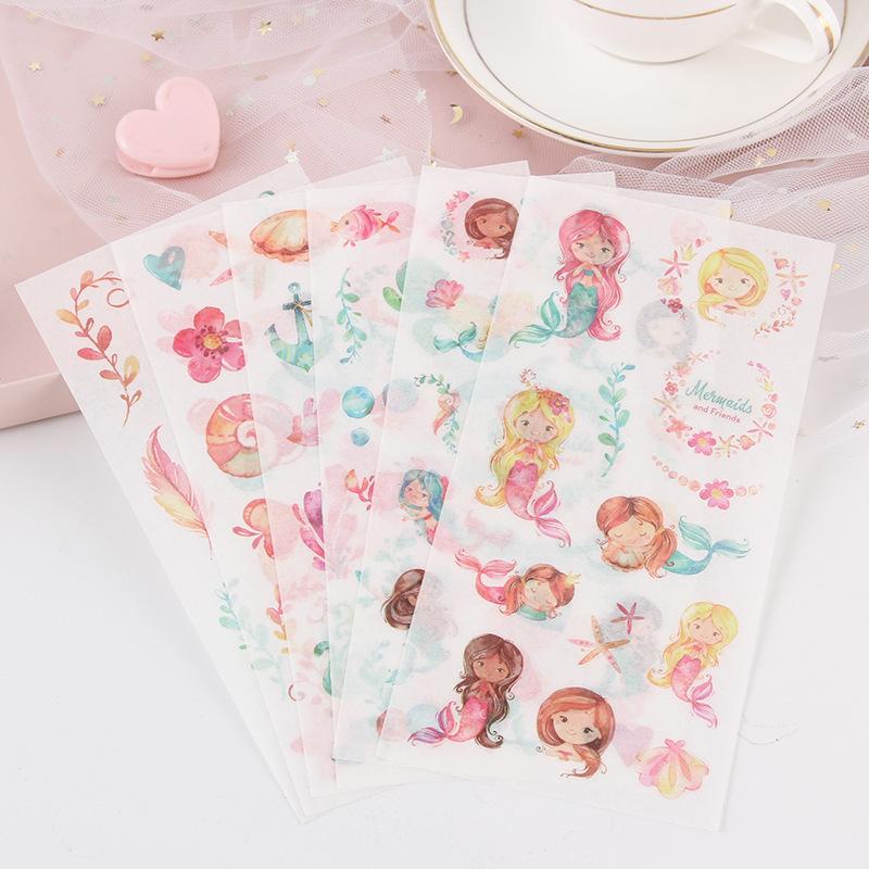 6sheets/set Cute Stickers Flower Cat Butterfly Washi Paper Stickers Pack Scrapbooking Supplies Japanese Kawaii Stationery