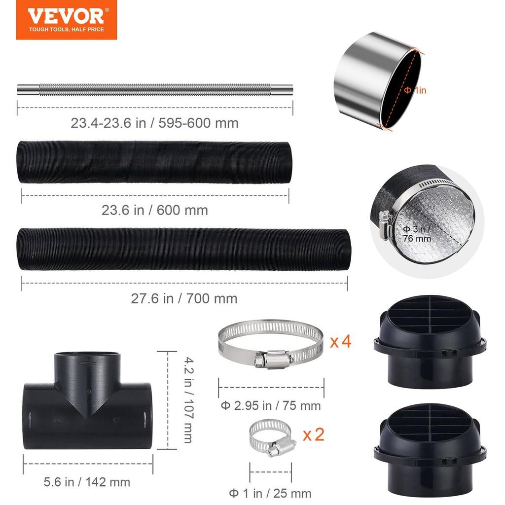 Diesel Heater Pipe Ducting Set, 3" Extendable Air Duct Hose, 1" Stainless Steel Exhaust Pipe, 2 Air Vents, Tee Air Outlet Connector and Hose Clamps,