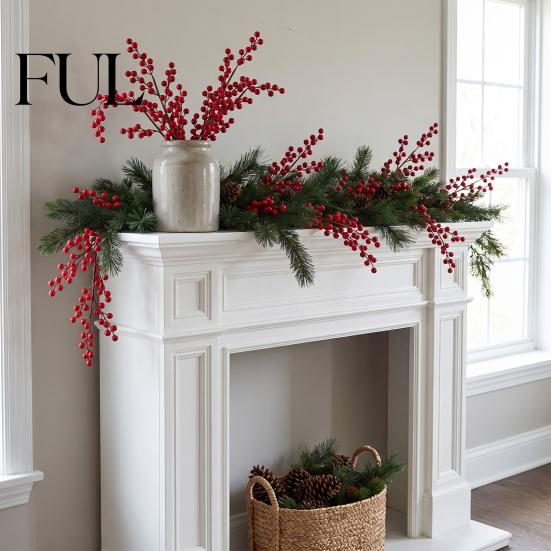 Artificial Holly Berry Branches Red Stems, Christmas Picks for Tree Decor, Realistic Stems Faux Winter Floral Decor Wreath Vase Indoor Home
