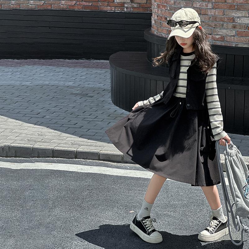 Girls Dress Set Spring Autumn Children's Long-sleeved Striped Dress and Vest Suits Fashion Splicing Kids Clothes Outfits