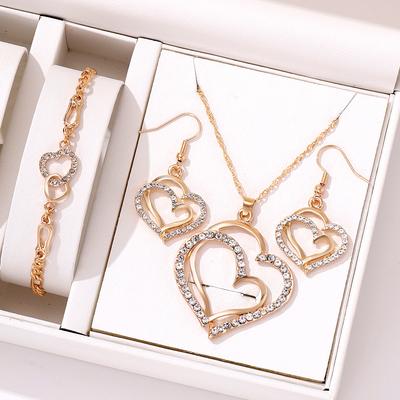 4-piece Women Zircon Set Creative Double Heart Diamond Necklace Necklace Necklace With High-end Feel Earrings Bracelet Zircon