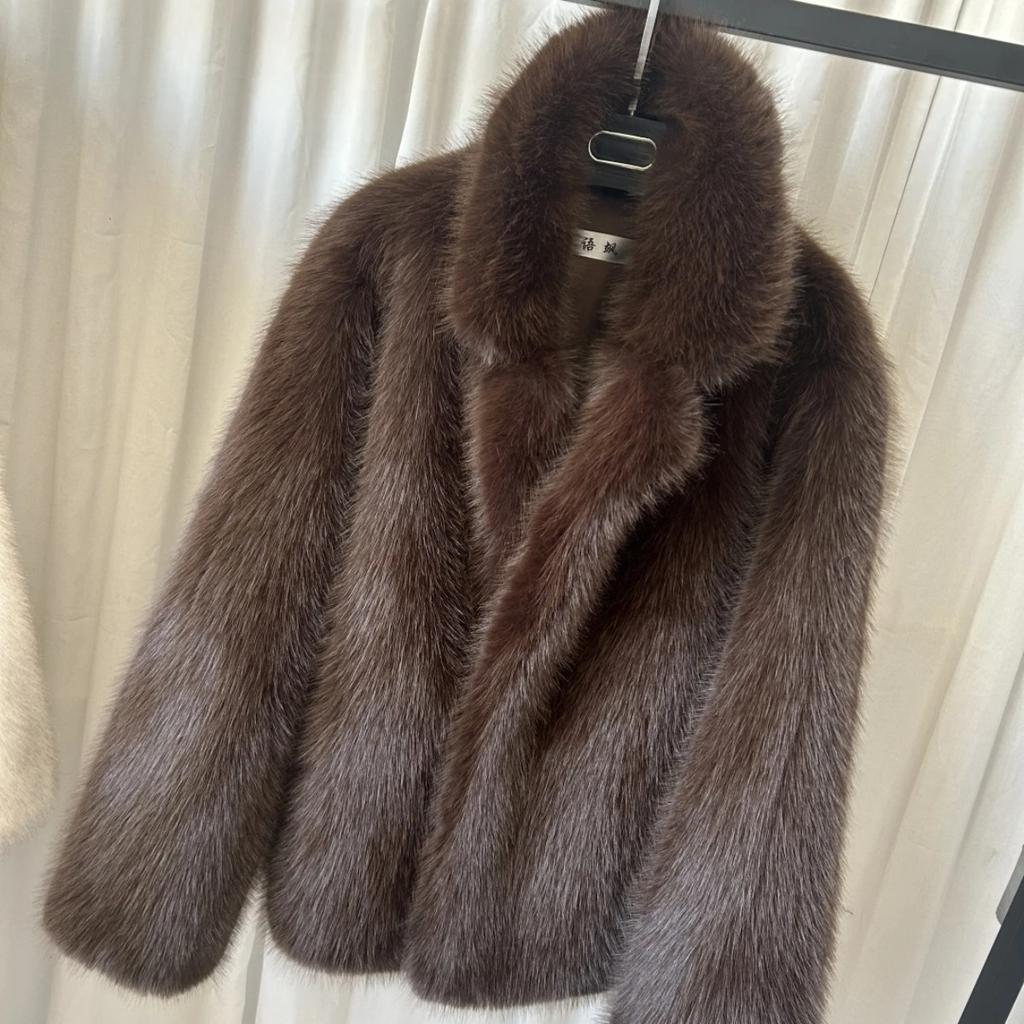 Faux Fox Fur Coats Women Solid Mid Length Jackets Lapel Collar Long Sleeve Furry Outerwear Thick Loose Casual  Autumn Winter