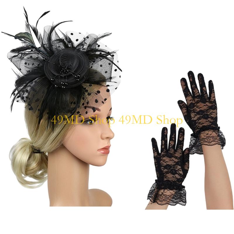 

49MD Fascinator Embellished Pillbox Derby Hat and Wrist Lace Gloves Set чёрный