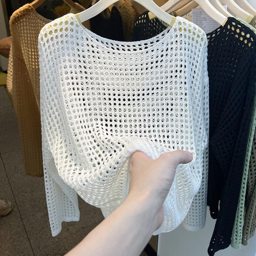 Solid color round neck long sleeve hollow knitted mesh shirt women s summer sexy pure desire overcoat thin top with suspenders Average size 52-271 белый 1980₽