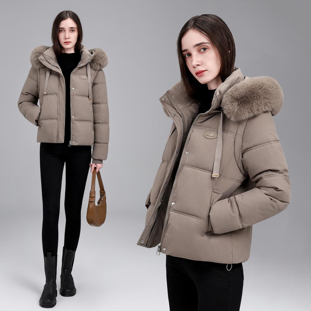 Winter fur collar hooded short cotton clothes women's loose drawstring waist bread clothes thickened warm cotton clothes