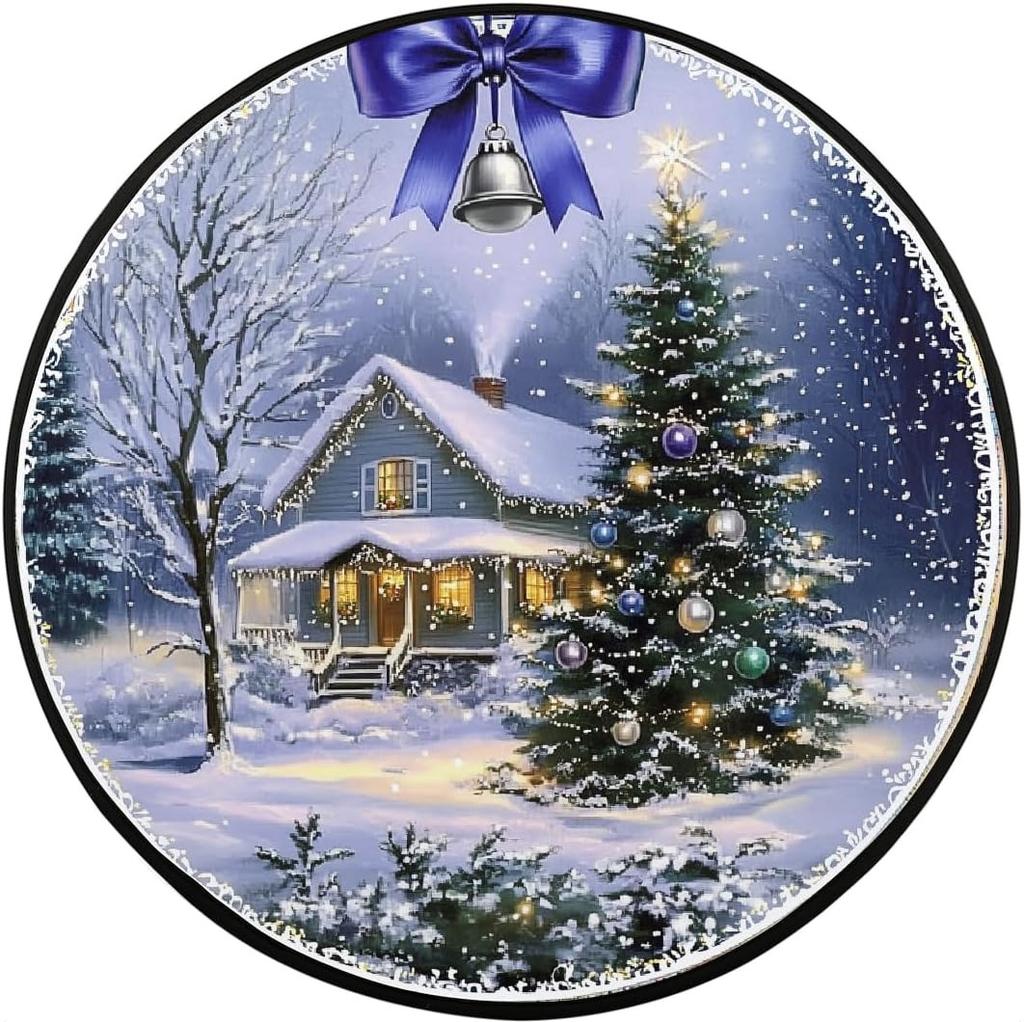 3D Snowy Farm Round Carpet Red Barn Pine Trees Snowy Ground Cave Design Mat Winter Country Indoor Home Decor Rug for Living Room