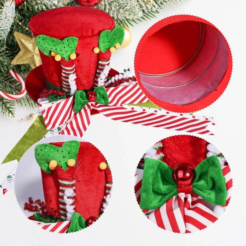 Christmas Tree Topper Hat with Red Green Foldable Bow Ribbon Vintage Holiday Home Decoration Durable Xmas Ornament with Red Bow