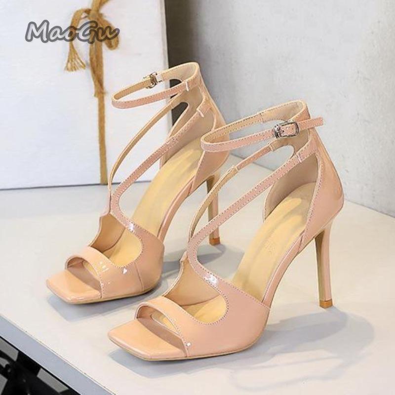 Fashion 10CM Thin High Heels Patent Leather Square Peep Toe Sandals Elegant Ladies Black Nude Ankle Straps Cover Heel Shoes Tacones