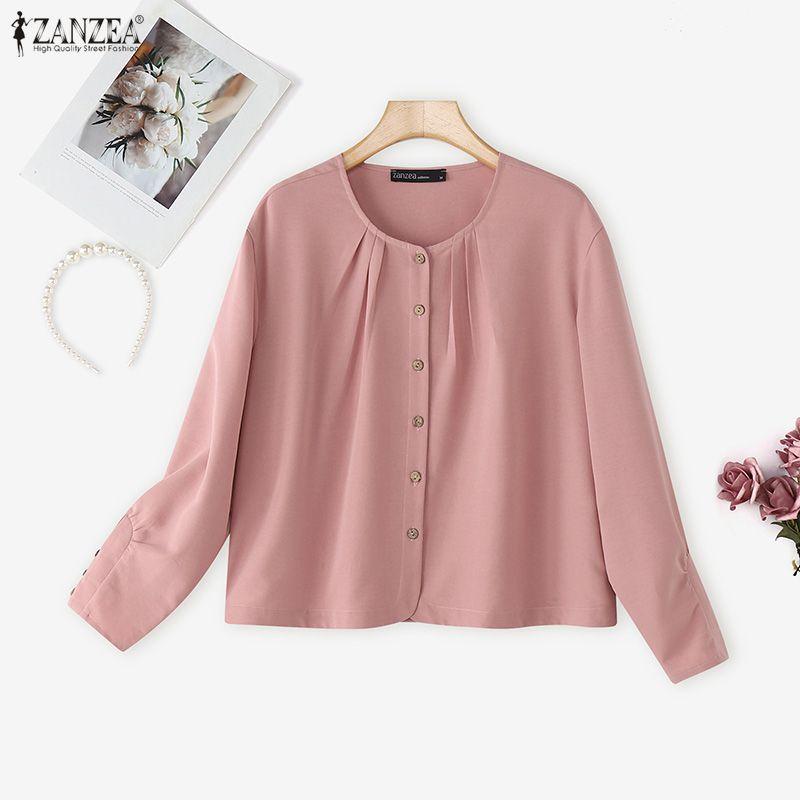 ZANZEA Blusa Casual da Donna a Girocollo a Maniche Lunghe e Ampia a Tinta Unita